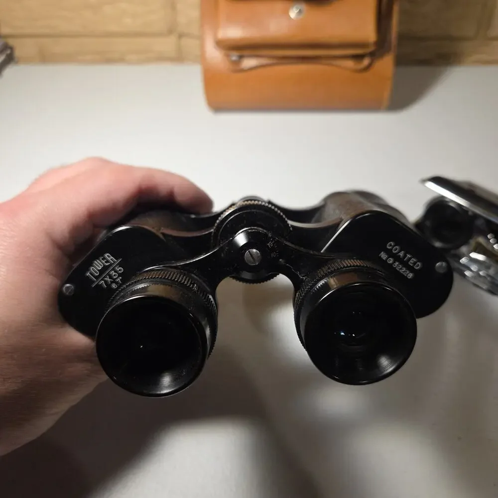 Tower Vintage Binoculars Coated Optics 7 x 50mm Black w/ case & compact bonus!